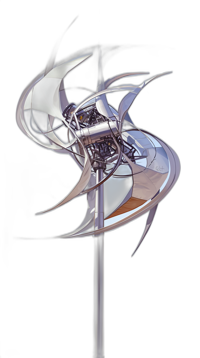 A futuristic wind turbine with metallic silver and white accents, spinning on an isolated black background. The design includes abstract shapes and lines that suggest motion or energy flow in the engine of a miniature space ship, blending elements from various sci-fi styles to create a visually striking concept art piece.