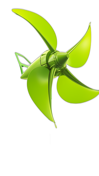 A green wind turbine with blades shaped like the wings of an orchid, with a simple design and shape. Black background, in the style of a cartoon, 3D rendering with high resolution, detail, and quality.