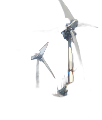 A wind turbine with three blades is spinning against the background of a black sky in a photorealistic, macro photography style. On top there will be a small white spaceship flying at high speed with light reflection from its wings in a minimalist, dark colored style with no background and a side view very closeup shot in a hyperrealistic, high resolution, high detail style with super detailed, sharp focus photography.