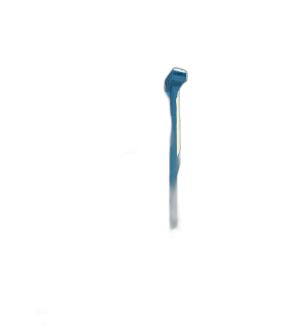 A blue hammer is floating in the air, 3D rendered with a minimalist style against a black background using low saturation colors. It has a strong sense of three dimensions and a pure dark environment. The light shines from above to highlight its silhouette. A low angle shot makes it look solemn and powerful. High resolution captures every detail of each surface. This work gives people the impression that there may be something mysterious behind it, in the style of minimalism.