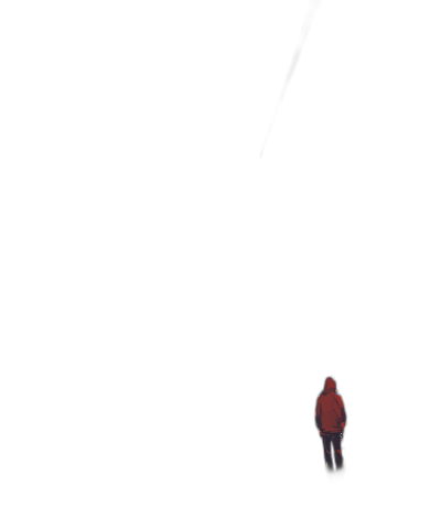 Minimalist illustration of one person walking in the dark, small figure on the right side, simple red hoodie, black background, in the style of [Banksy](https://goo.gl/search?artist%20Banksy).