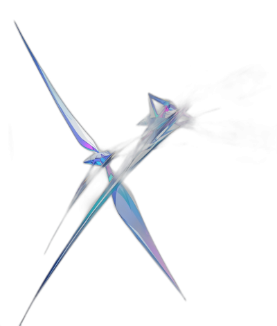 an abstract digital design of an xshaped object, the background is black and the shape has blue purple green gradient colors, the shapes appear to be floating in space or being formed by wind, the shapes resemble futuristic wings or blades with sharp edges, the overall effect conveys motion and movement