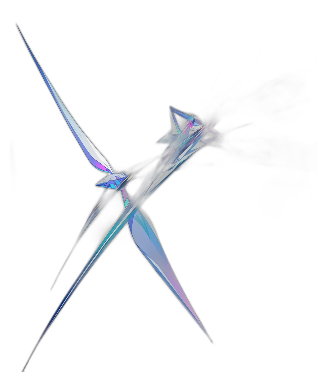 an abstract digital design of an xshaped object, the background is black and the shape has blue purple green gradient colors, the shapes appear to be floating in space or being formed by wind, the shapes resemble futuristic wings or blades with sharp edges, the overall effect conveys motion and movement