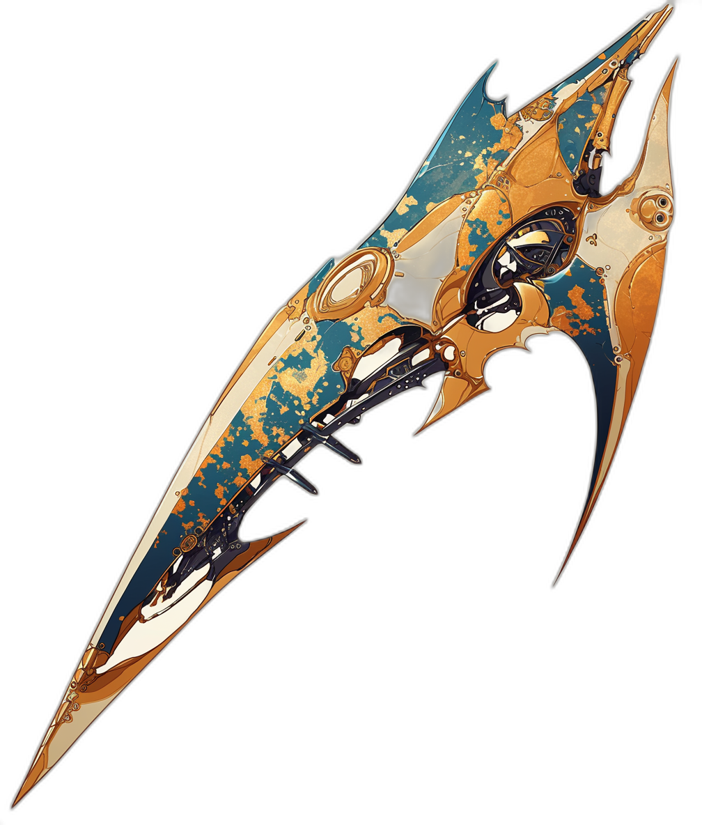 A futuristic scythe weapon, painted in gold and blue with metal details. The design includes an abstract lightning bolt shape with intricate patterns on the blade and hilt. It has sleek lines and is equipped with advanced cybernetic components. An illustration in the style of Warhammer 40k. Black background.