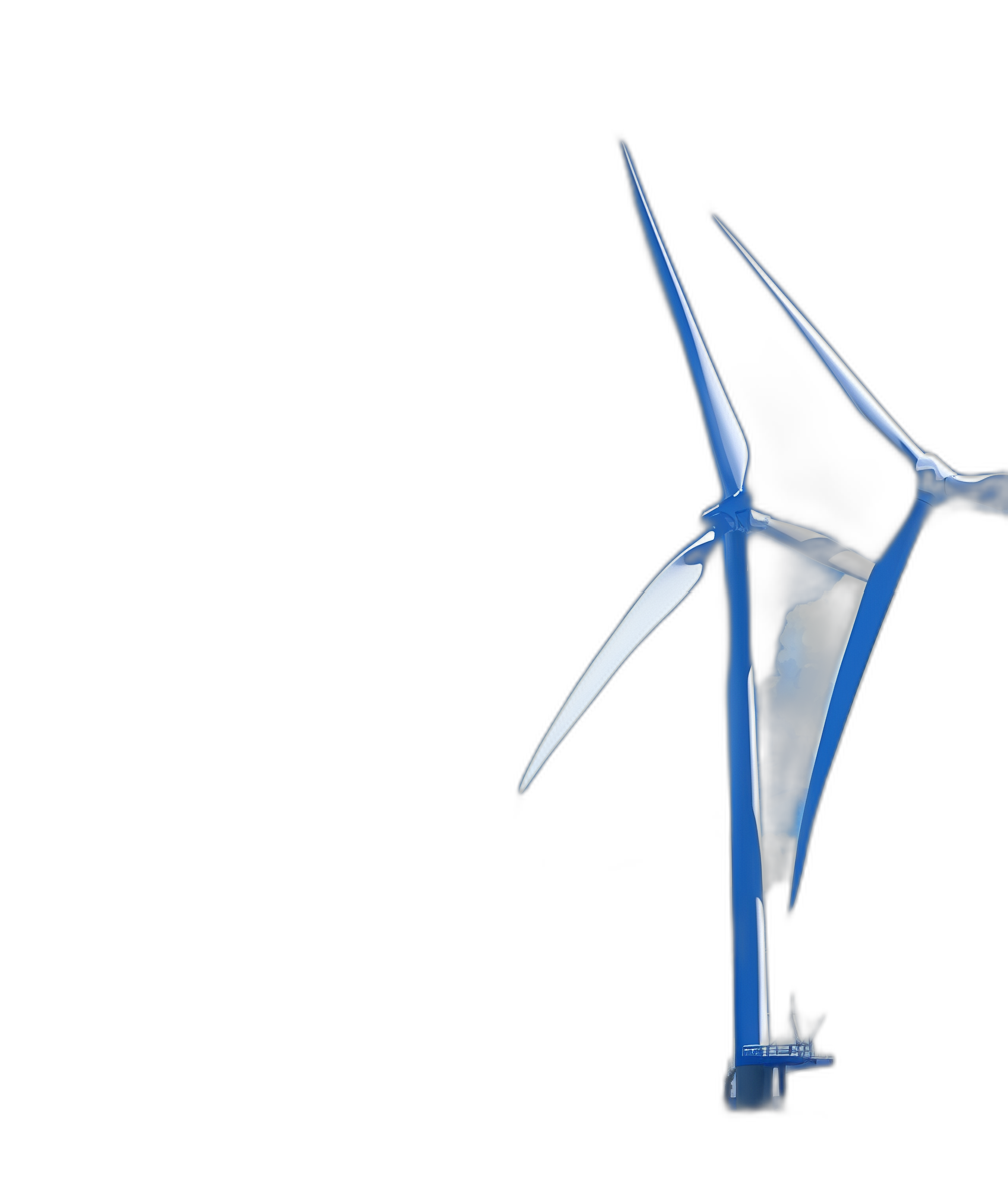 A wind turbine in the air, illuminated with blue light and white edges on black background, creating an illusion of threedimensional space, highlighting its power source for sustainable energy. The photo was taken from above at eye level using Canon EOS R5 camera with RF600mm f/2 lens to capture details and depth. High resolution, high quality, super detail, sharp focus, no blur effect.