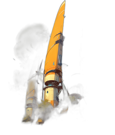 A tall, slender futuristic spire with yellow and white accents on a dark background in the style of digital art, with brush strokes resembling a concept design sheet.