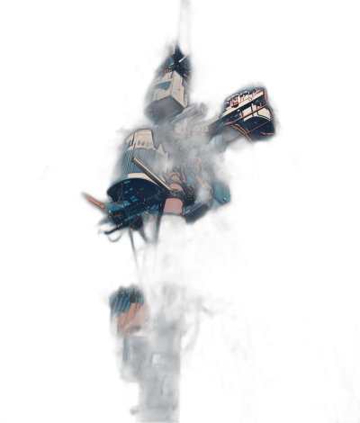 A dark background with an abstract, low light render of Gundam head holding rifle, glitch art style, dark blue and orange hues, glowing edges, low contrast, hyperrealistic, full body shot, depth effect