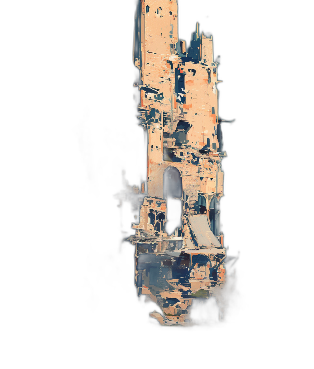 A digital painting of the side view of an ancient tower in ruins, on a black background, with high contrast, painterly brushwork in the style of dark and gritty.