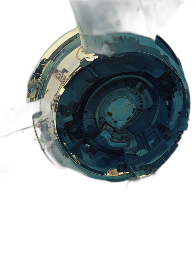A hyperrealistic photo of the bottom view of an abandoned space station, with a dark background and black sky, using a blue and white color scheme and circular shape with a fisheye lens, high contrast, and detailed textures showing signs of decay in the style of an abandoned space station.