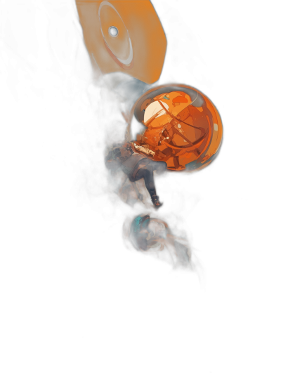 A dark background with an orange sphere floating in the air, vector illustration in the style of Grzegorz gce and [Greg Rutkowski](https://goo.gl/search?artist%20Greg%20Rutkowski) and slawomir Ars vasek and alphonse muchas. The sphere is made of glass and has some ornaments on it. Inside there's a small boy sitting wearing blue . He floats slightly above ground, with smoke around him.