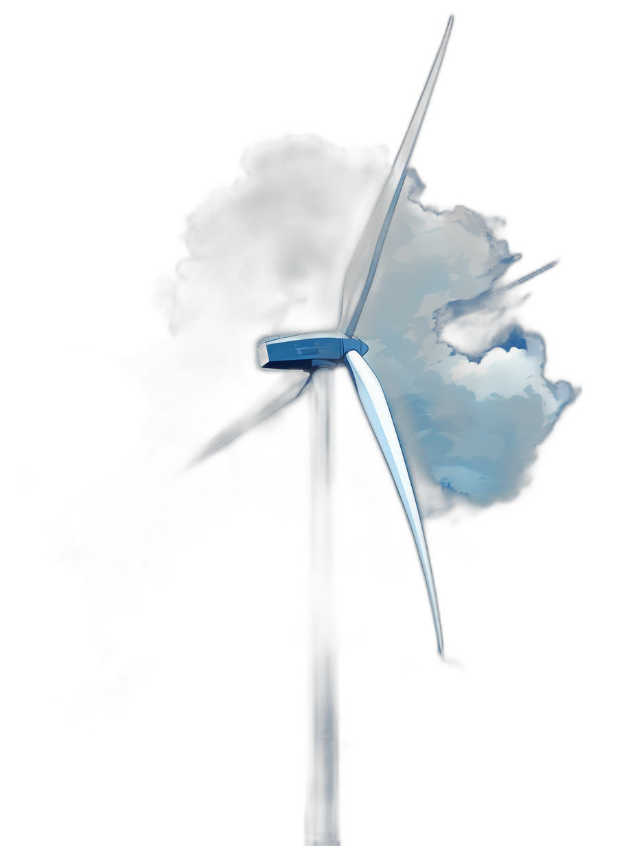 A wind turbine with a dark background and a white cloud in the middle, in the style of illustration, with a dark blue color scheme, in the cartoon style, digital art, creative photography, hyperrealistic, high resolution, high detail, with smoke behind it, flying cloud.