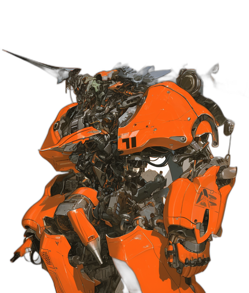 concept art of an orange and black war mech, with a detailed face featuring white eyes, and a giant weapon mounted on its shoulder, with broken parts, in the style of [Katsuhiro Otomo](https://goo.gl/search?artist%20Katsuhiro%20Otomo) and [Masamune Shirow](https://goo.gl/search?artist%20Masamune%20Shirow), featuring flat colors and cel shading, on a black background, from a low angle shot.