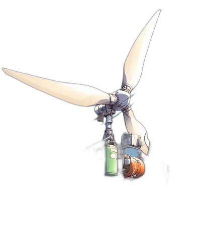 A wind turbine, in the style of [Hayao Miyazaki](https://goo.gl/search?artist%20Hayao%20Miyazaki), is shown in profile on a black background. The white wings of the monopolar turbine cover half its body and it holds an electric green battery at its bottom with one hand, while also holding it with the other hand to turn the blades around, as if readying for flight. This scene has been created using vector graphics software such as Adobe Illustrator. It was drawn with digital brushes, creating a unique and dynamic effect.