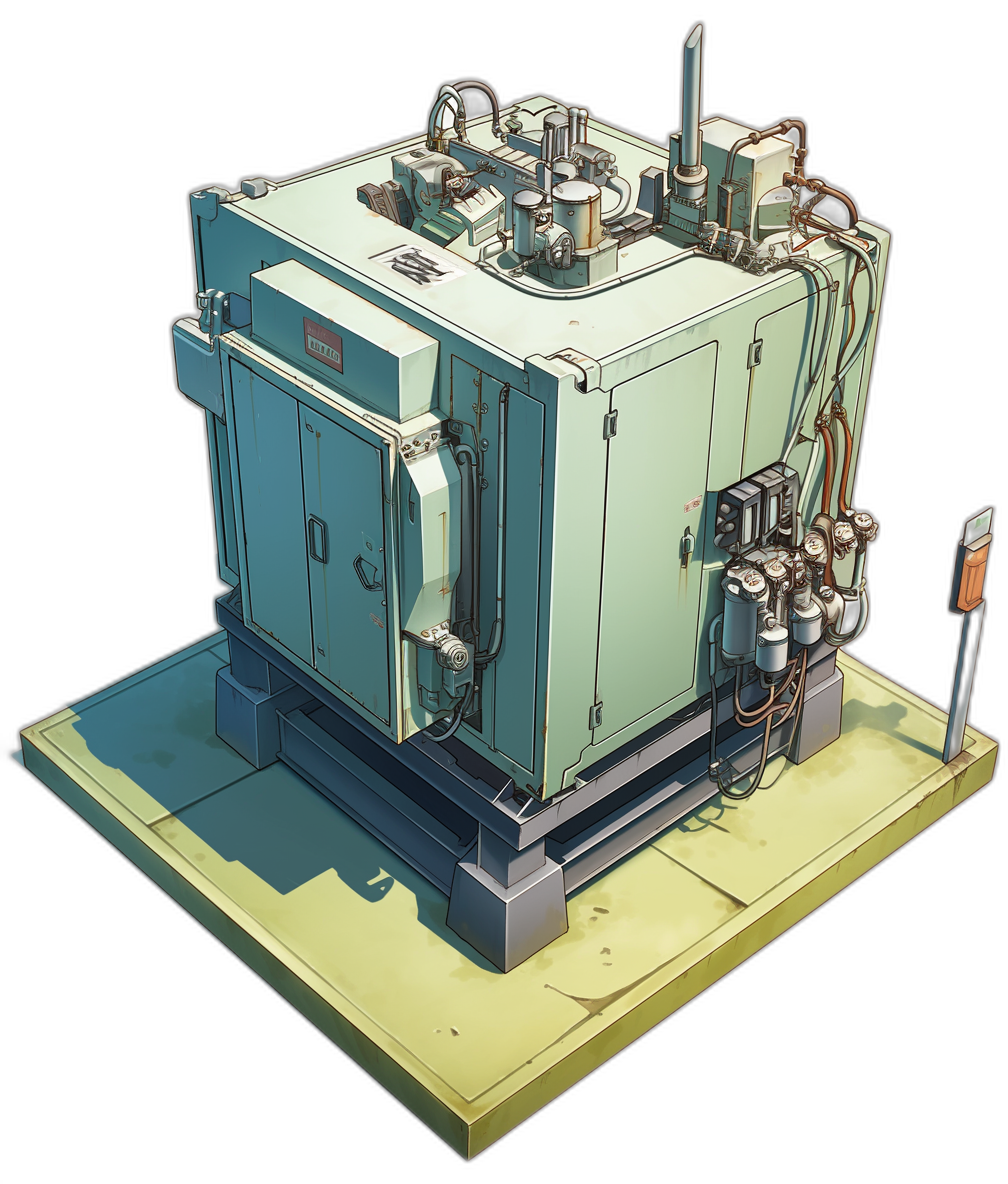 isometric view of a small, square metal machine with doors and pipes, concept art in the style of [Atey Ghailan](https://goo.gl/search?artist%20Atey%20Ghailan) and J Scott Campbell, cel-shaded style