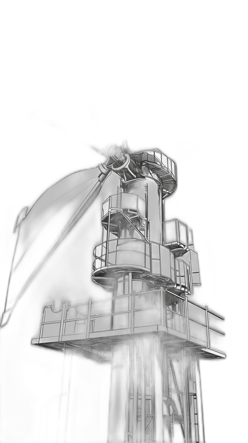 3D rendering of the top and bottom sections of an oil rig in black and white. The upper part is a glass tower with many windows, and on it stands a large crane arm holding a glowing gray light bulb. All on a solid black background.