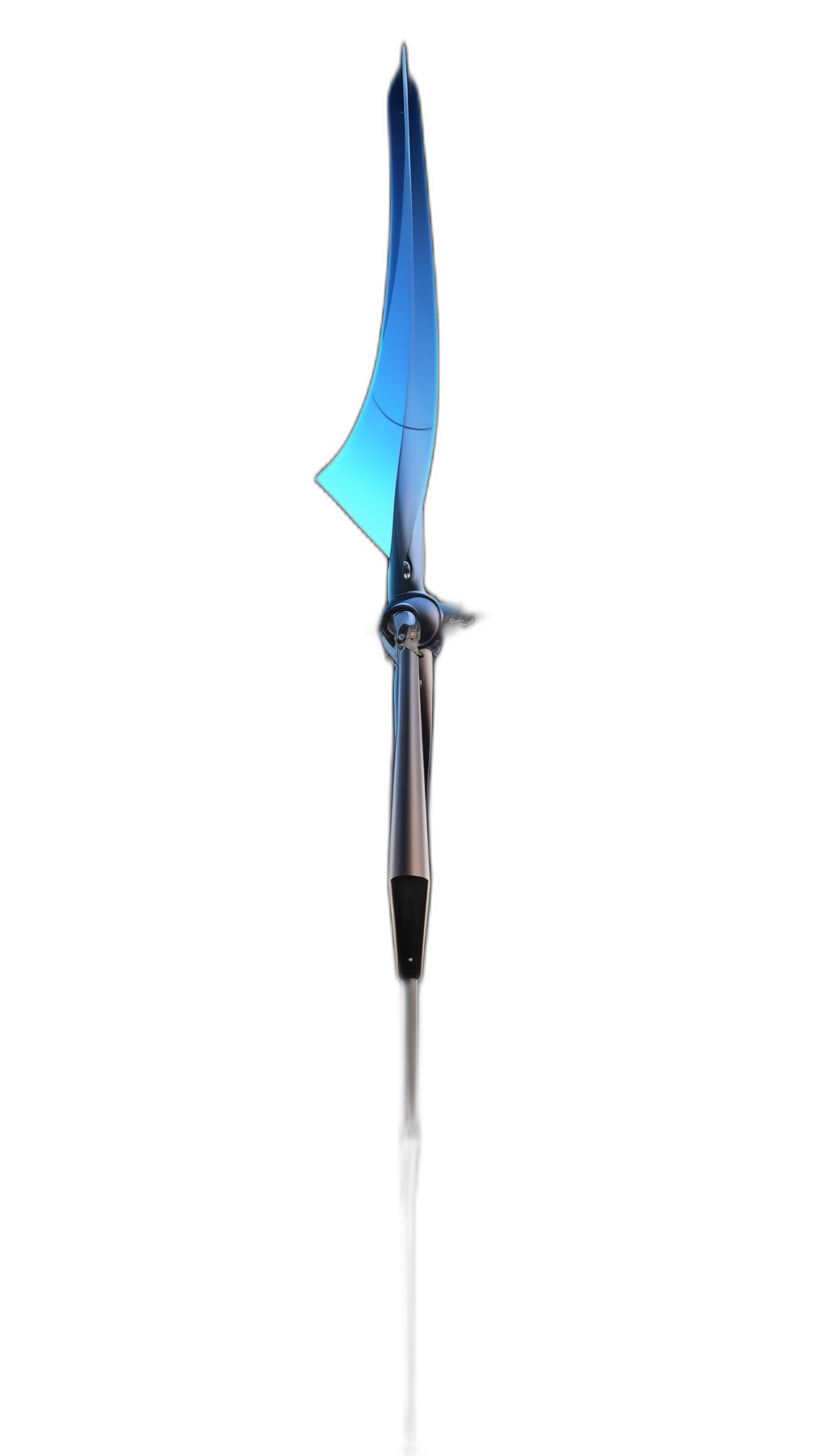 A blue sword with a long blade and hilt floating in the air on a black background, a 3D render in the style of blender, fantasy style, simple design, high resolution, symmetrical composition, sharp edges, bright colors, high contrast, dark lighting, clean background.