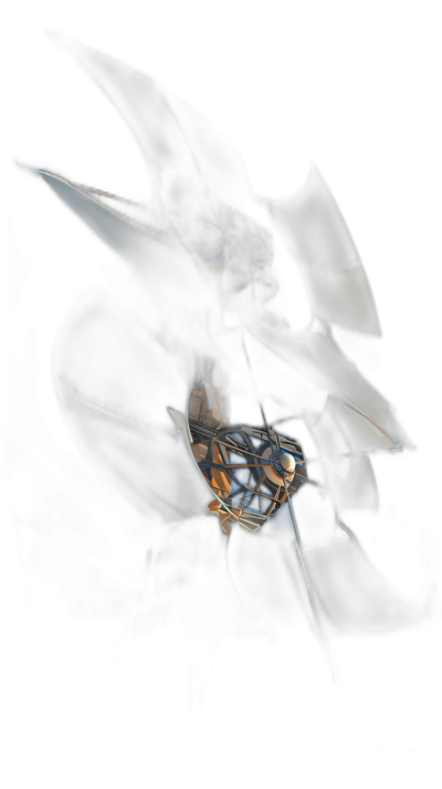 Dark background, an abstract dark figure made of glass and metal with the head shaped as bat wings, motion blur, cinematic, dark blue, orange, white, and dark grey colors, high contrast, depth effect, shadows, highlights, reflection, refraction, glow effects, black gradient background, blurred edges, volumetric lighting, rendered in the style of octane render.