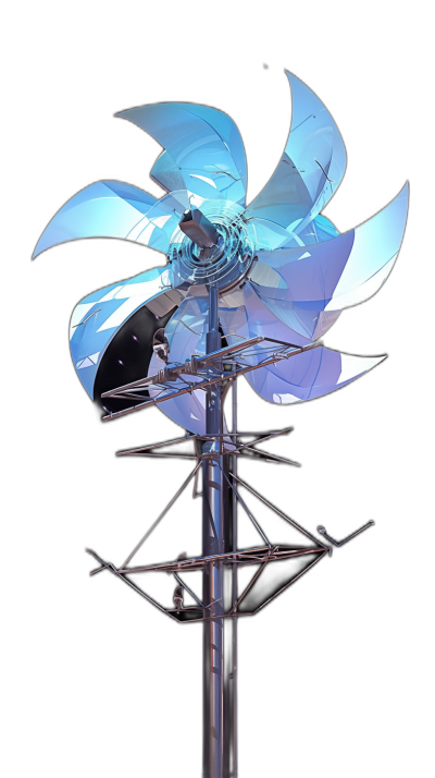 A blue windmill, on top of the tower is an air motor with blades that spinning in the wind, a bird perched atop it, against black background, low angle shot, 3d render, high resolution, highly detailed and intricate, volumetric lighting, sharp focus, depth of field, by [Artgerm](https://goo.gl/search?artist%20Artgerm)