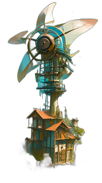 concept art of an old windmill house with a large propeller on top, a digital painting in the style of [Craig Mullins](https://goo.gl/search?artist%20Craig%20Mullins) and [Studio Ghibli](https://goo.gl/search?artist%20Studio%20Ghibli)