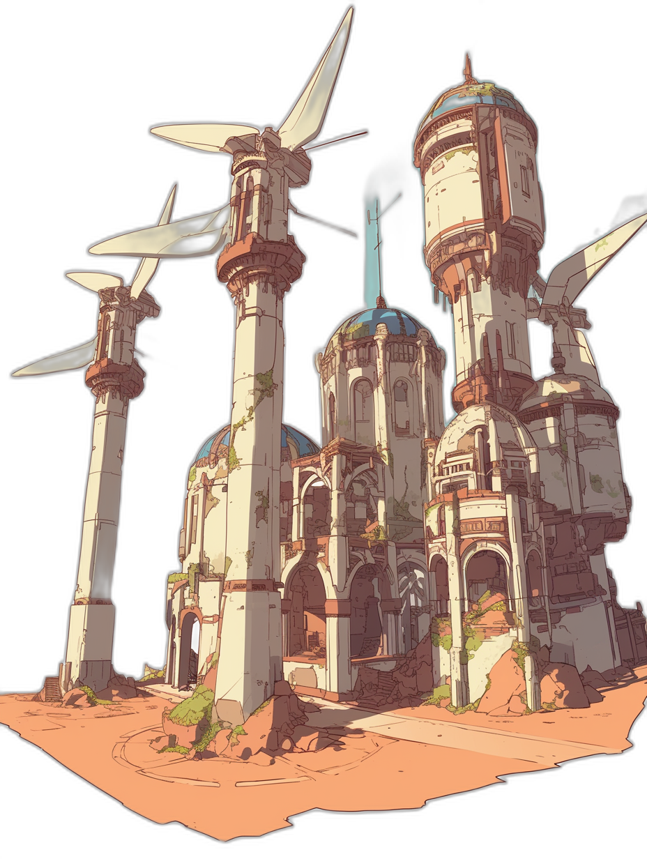 A set of wind turbines on top of towerlike structures in the style of Final Fantasy with a black background, anime art in the styles of [Akihiko Yoshida](https://goo.gl/search?artist%20Akihiko%20Yoshida), [Yoji Shinkawa](https://goo.gl/search?artist%20Yoji%20Shinkawa), [Katsuya Terada](https://goo.gl/search?artist%20Katsuya%20Terada), Ilya kicking, and [Greg Tocchini](https://goo.gl/search?artist%20Greg%20Tocchini) and [Mike Mignola](https://goo.gl/search?artist%20Mike%20Mignola), warm colors, flat colors, cel shaded 2D game concept art.