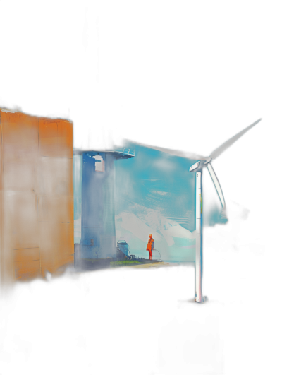 Minimalist illustration of a wind turbine in the foreground, a person working on it, in the style of neon and with a blue color palette, on a dark background, an orange industrial building with a white door, a full shot, from a low angle view, with high contrast, cinematic lighting and volumetric shadows.