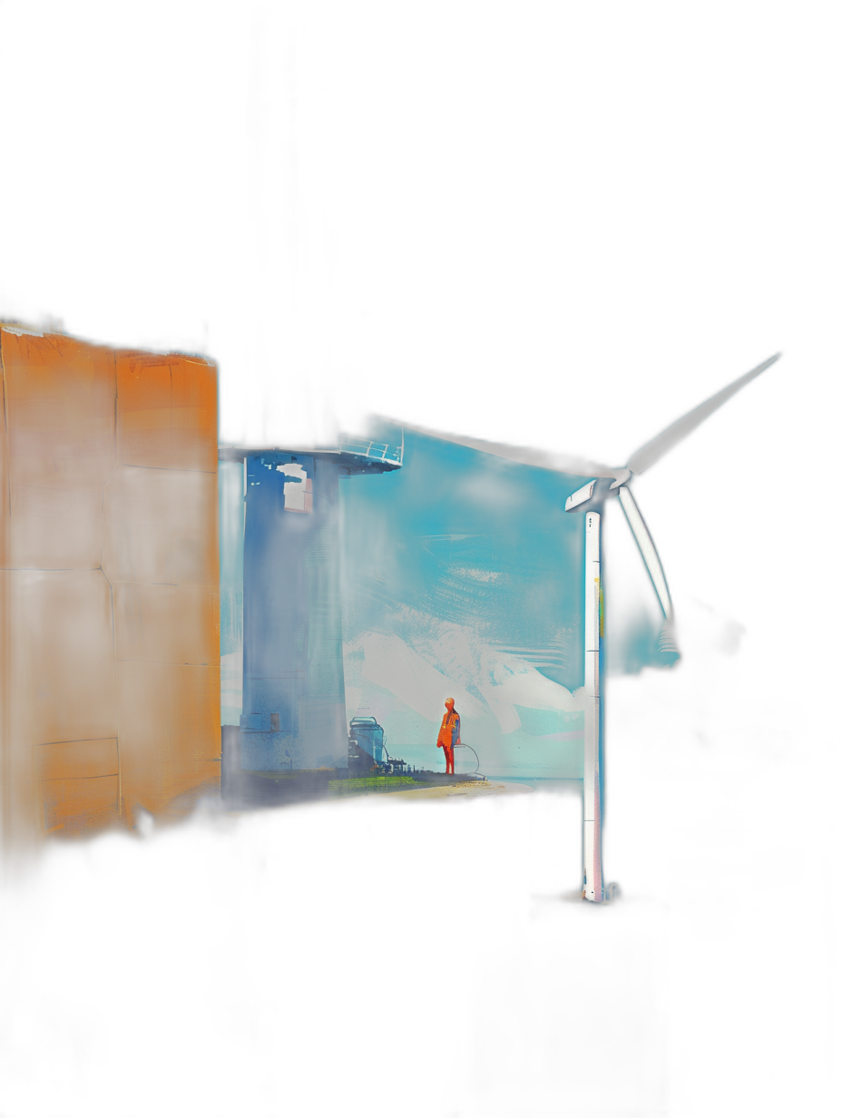 Minimalist illustration of a wind turbine in the foreground, a person working on it, in the style of neon and with a blue color palette, on a dark background, an orange industrial building with a white door, a full shot, from a low angle view, with high contrast, cinematic lighting and volumetric shadows.