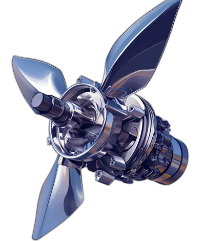 A metal propeller with three blades, silver color, vector illustration style, black background, cartoon rendering effect. High resolution. The entire scene is centered on the front of an aircraft engine, showcasing its power and beauty. Blue metallic details add to its futuristic appearance. A sense of speed emanates from each blade, creating a dynamic visual experience. This highdefinition artwork perfectly captures every detail in the air ship engin design.