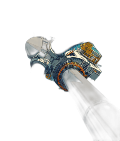 Illustration of a futuristic hammer on a black background as a 3D render in the digital art style with high resolution and high details. It has a blue and silver color scheme with a close up side angle view under high contrast lighting. In the upper right corner of the illustration is a small space station. At the center bottom of the composition is a big metal pipe containing a yellow spiral ring inside.