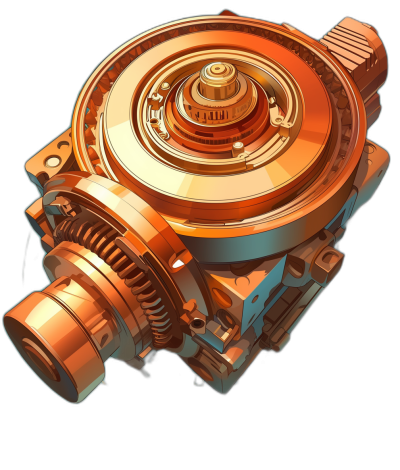 A small mechanical device, top view, in the game art style, cartoon, with a copper and orange color scheme, 3D rendered, on a black background, at a high resolution. The overall shape is circular with gears inside the main body. It has sharp edges and would be suitable for adding effects to games or as design elements in graphic illustrations.