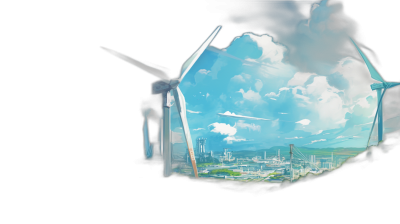 An illustration of wind turbines and an industrial cityscape seen through an opening in front, in the style of anime, with a dark blue sky and white clouds, from a low angle shot, as a closeup, with a centered composition, as a high resolution 3D rendering, with natural light, vibrant colors, in a fantasy art style.