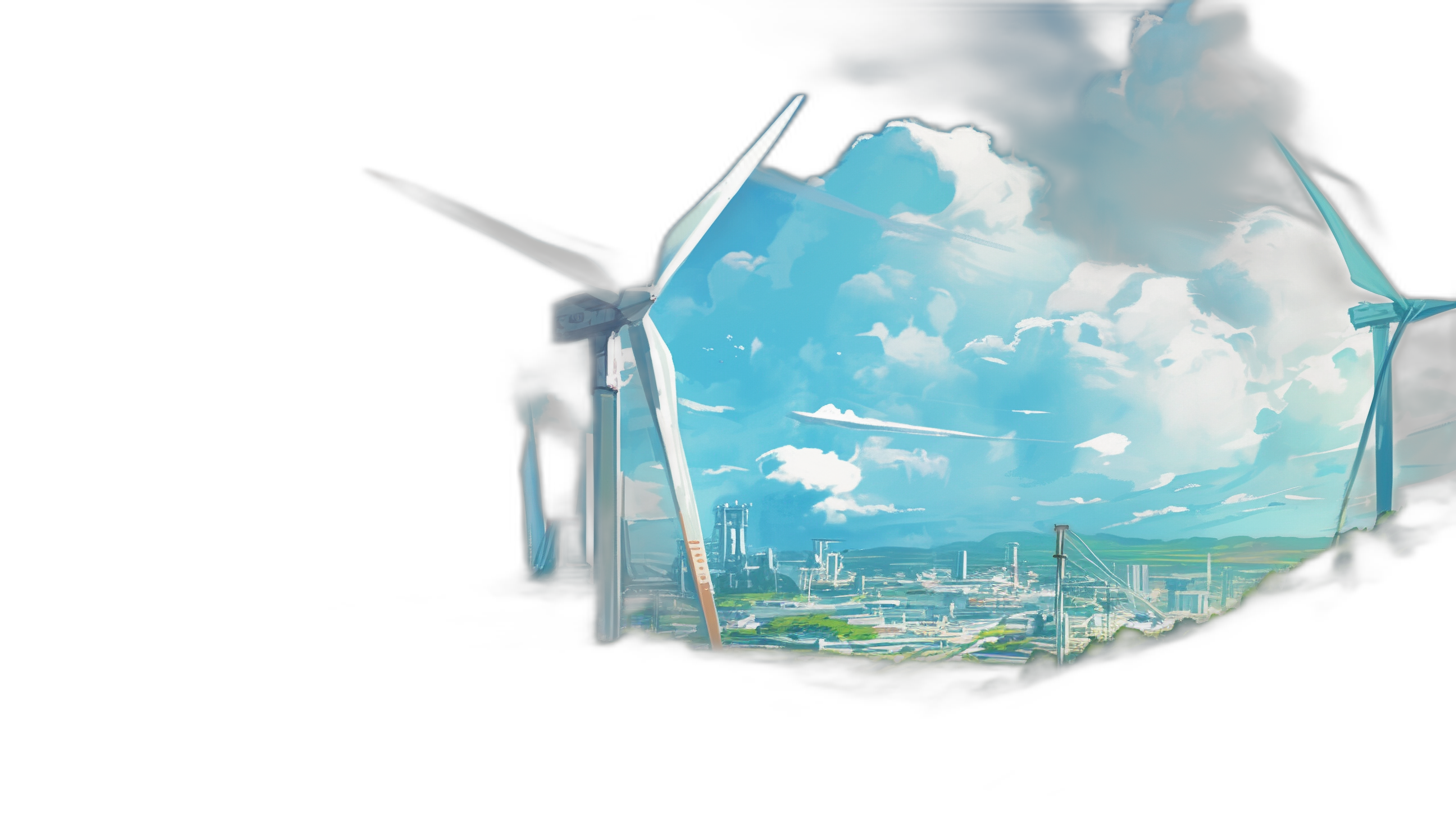 An illustration of wind turbines and an industrial cityscape seen through an opening in front, in the style of anime, with a dark blue sky and white clouds, from a low angle shot, as a closeup, with a centered composition, as a high resolution 3D rendering, with natural light, vibrant colors, in a fantasy art style.