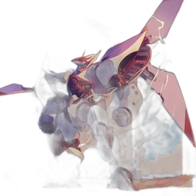 A dark fantasy anime-style digital painting of an aggressive-looking purple and white mecha gundam fighting in the darkness. It is night time with dramatic lighting. There is a glitchy effect on its body. It has large wings that reach up to 2 meters long and they have black coloration at their edges. It also wears red armor on one shoulder and arms and chest area. It looks like something out of Final Fantasy, in the style of Gundam.