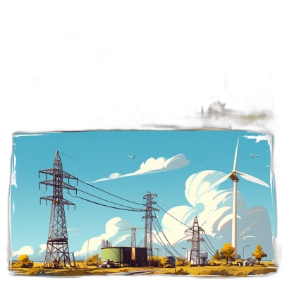 A cartoon style illustration of an electricity station with wind turbines and high-voltage power lines in the background, vector art created in the style of adobe illustrator, game art, bold color palette, hard edge.