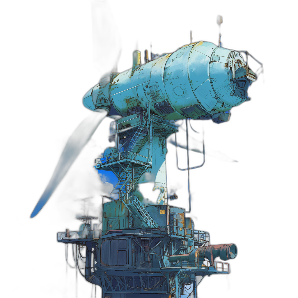 A blue propeller engine with stairs on it, concept art in the style of [Greg Rutkowski](https://goo.gl/search?artist%20Greg%20Rutkowski) and [Studio Ghibli](https://goo.gl/search?artist%20Studio%20Ghibli), dark background, anime style, 2D game art, cartoon, flat colors, low poly model, low resolution, low detail textures, digital painting, low contrast lighting, high angle view, side perspective, ultra wide lens, simple details, soft shadowing, watercolor, pencil sketch.