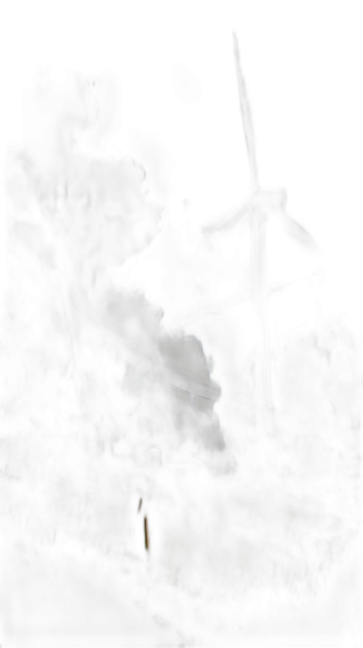 night time, dark sky, windmill in the distance, smoke coming from its blades, hyper realistic style, horror, creepy