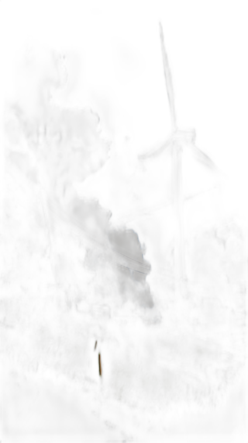 night time, dark sky, windmill in the distance, smoke coming from its blades, hyper realistic style, horror, creepy