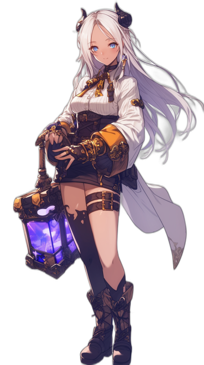 Genshin Impact character with white hair, blue eyes and black boots holding an iron lantern in her left hand. She is wearing a long sleeved white shirt, brown leather knee-high socks, with one leg up displaying the skin of her right foot which has metal cybernetic claws. Full body portrait in the anime style, on a black background, wearing a white cloak and holding a purple crystal while wearing a dark gray armor chestplate and long grey coat over top.