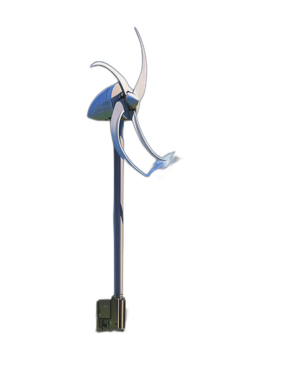 A wind turbine of simple and minimalistic design, with a white metal body and blue accents, on a solid black background, viewed isometrically with no shadow on the ground and no reflection in water and no gloss, in the style of no artist.