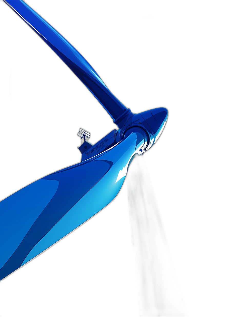 A wind turbine, 3D rendering, blue color scheme, black background, front view, closeup of the blades and nose of the entire sculpture, high resolution, hyperrealistic details, low angle shot, studio lighting.