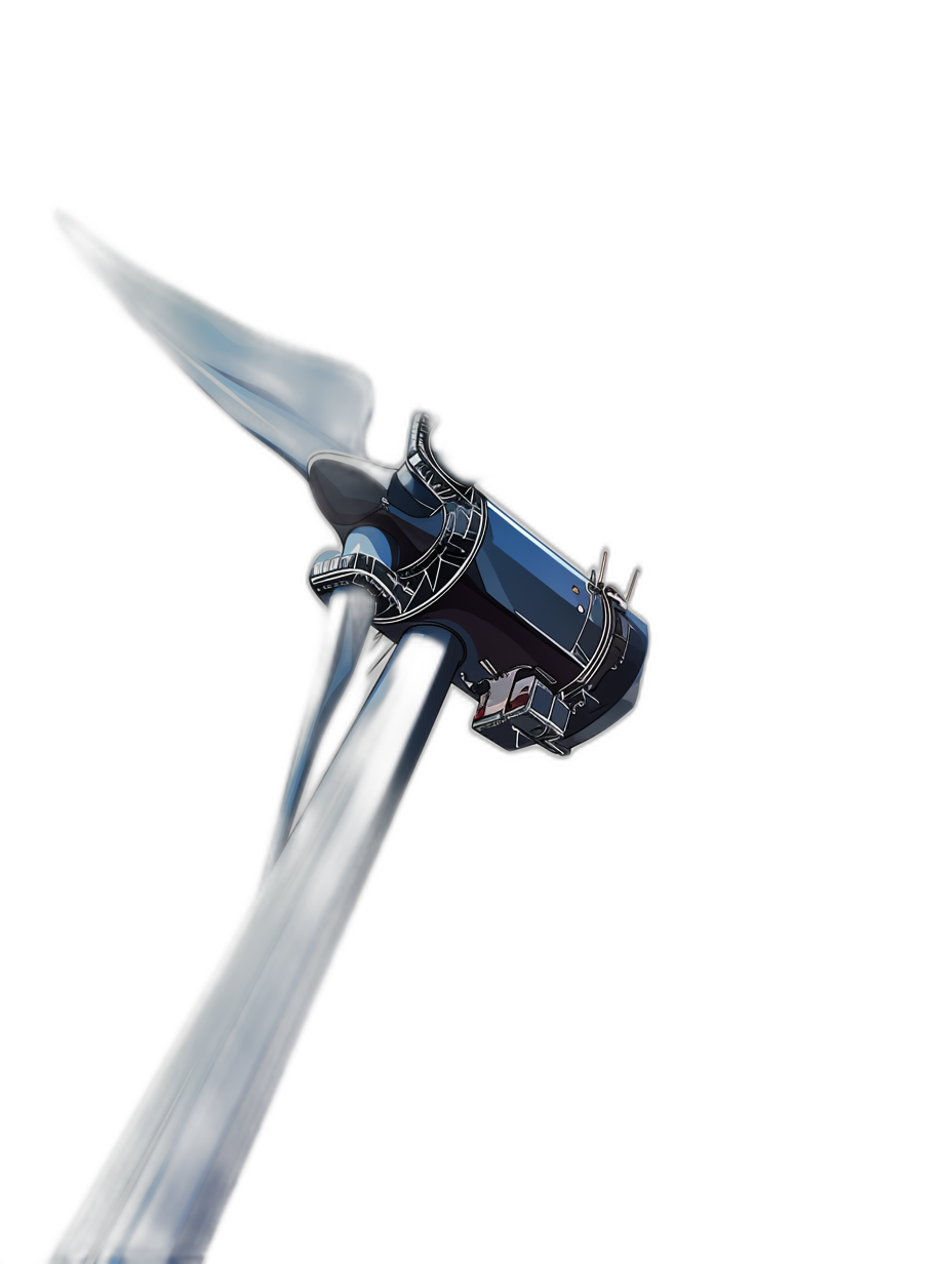 A wind turbine with blue lines on the blade, flying in space, with a black background and a dark tone, with smoke flowing from it. The perspective is an overhead view, with illustrations and 3D rendering. It has high resolution, high definition, high detail, and high quality.,,in