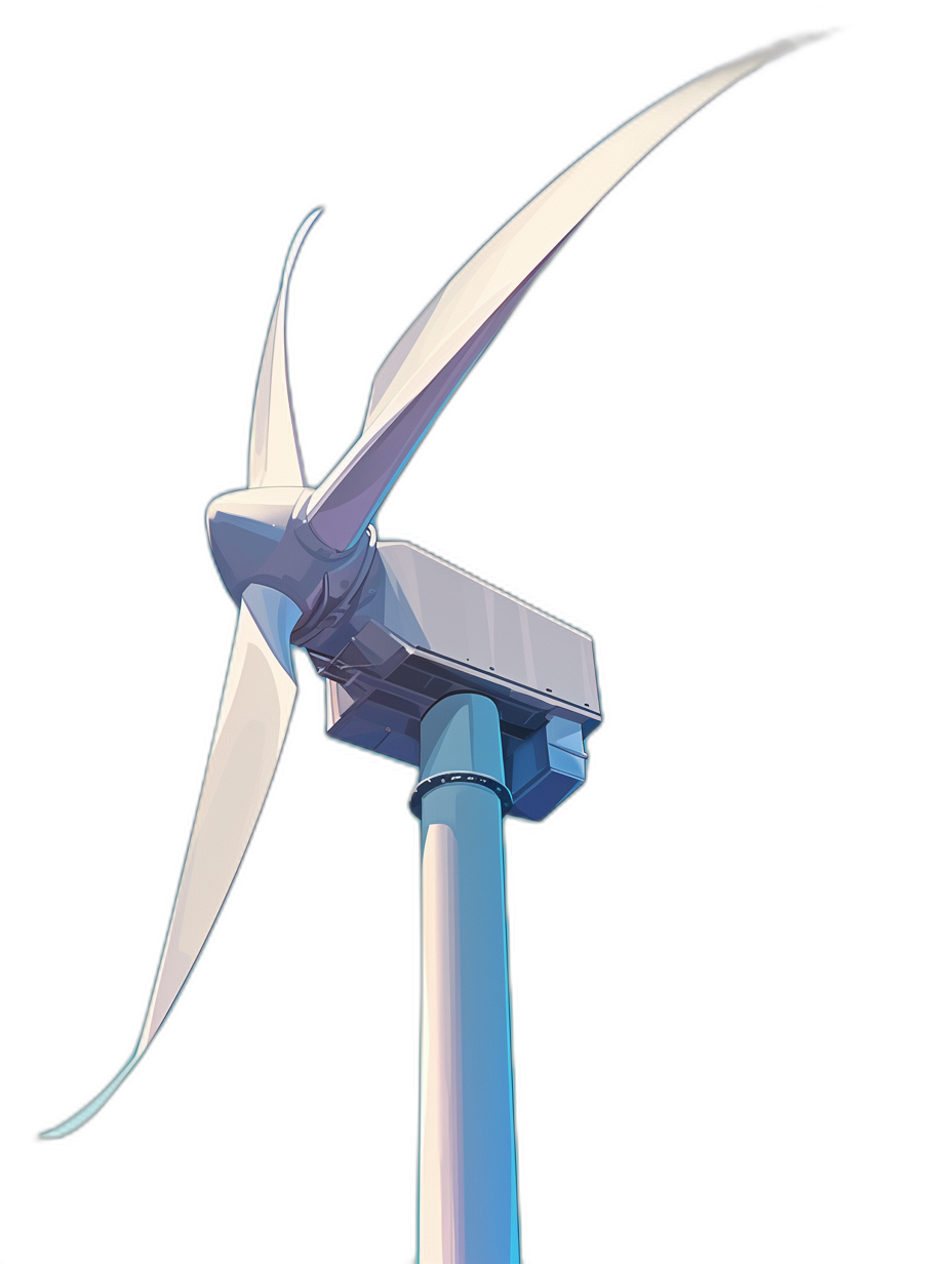 A wind turbine with blades made of blue and white metal, cartoon style, 2D game art, cartoon realism, simple black background, isometric view, front light source, bright white lighting, pure dark black background, bright colors, simple lines and shapes, simple details, simple textures.