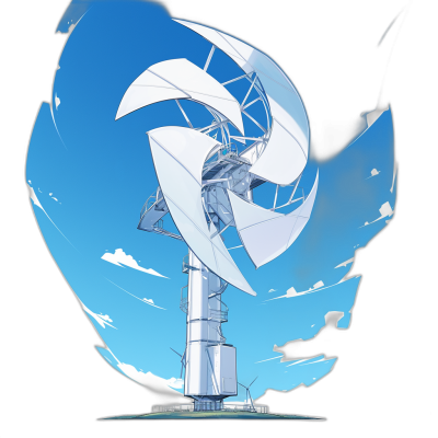 A wind turbine with white blades, in the anime style of [Studio Ghibli](https://goo.gl/search?artist%20Studio%20Ghibli), in the style of Miyazaki, on a black background, cel shaded cartoon style, isometric view, blowing away towards a blue sky.