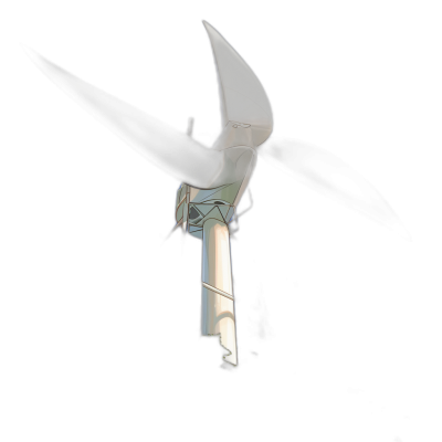 a wind turbine with blades shaped like an axe, flying against black background, photorealistic, white and grey colors, motion blur