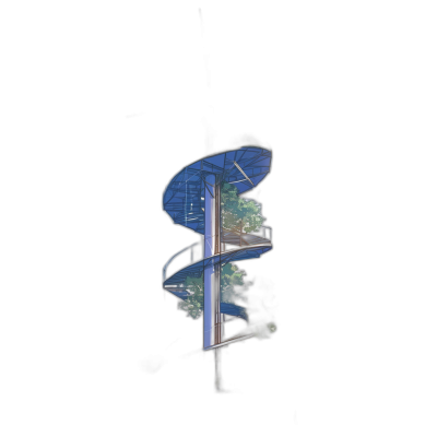 night, black background, an outdoor transparent spiral staircase made of glass and steel with blue tones on the side, light is reflected from inside, green trees grow under it, hyperrealistic photography