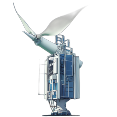 A wind turbine is seen from the side, with its blades spinning and blowing in the air. The body of it consists of three floors made of white glass panels with blue stripes on each floor. A bird flies around it, its wings spread wide against a black background. In the style of a 3D render, with hyper realistic, high resolution, high definition details.