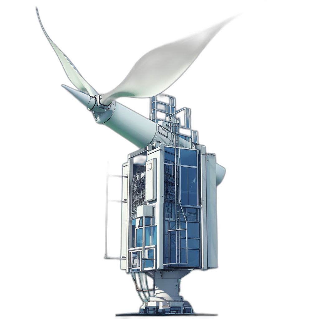 A wind turbine is seen from the side, with its blades spinning and blowing in the air. The body of it consists of three floors made of white glass panels with blue stripes on each floor. A bird flies around it, its wings spread wide against a black background. In the style of a 3D render, with hyper realistic, high resolution, high definition details.