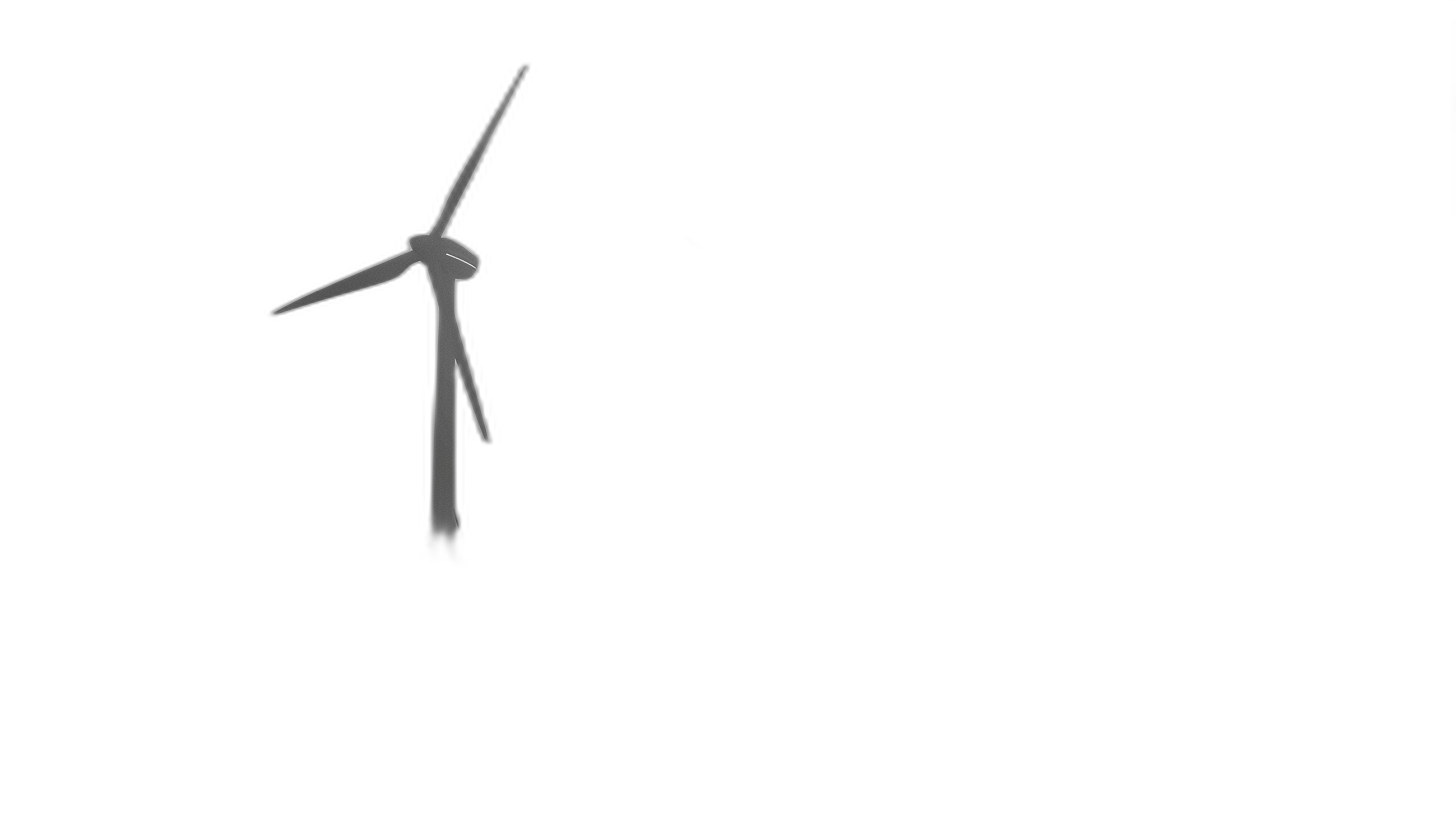 A wind turbine is shown against a black background, with no other elements present. The silhouette of an illustration on white paper appears to be made from gray lines or strokes. It could represent a simple yet impactful representation of energy and technology in nature. The background is black. There is no shadow.