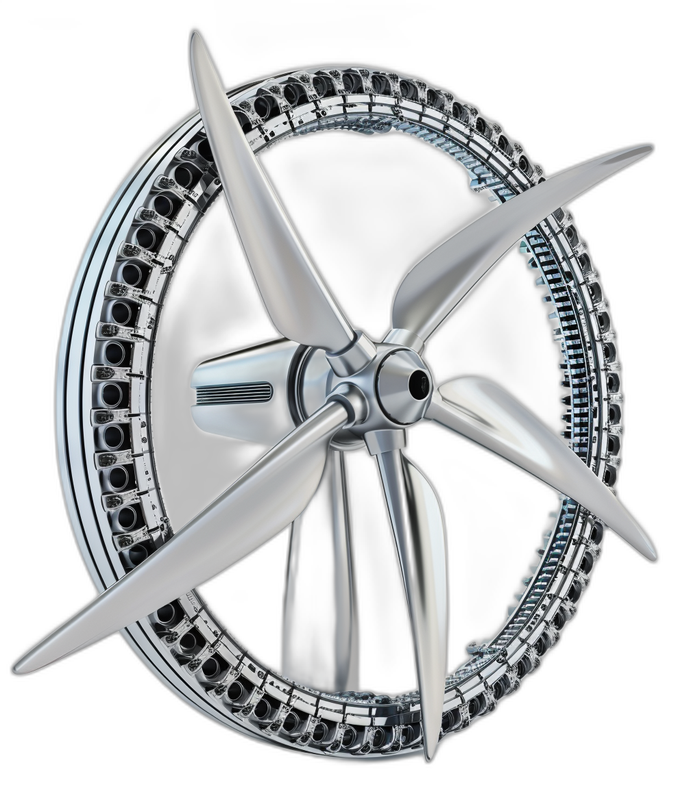 photorealistic metal rim with five blades of the wind turbine, on a black background, in the style of the Artist.