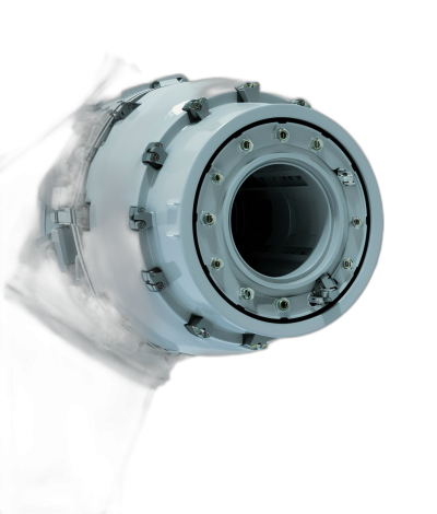 A closeup photo of the inside of an industrial camera lens, white plastic with metal components and a black background, product photography with studio lighting, in a hyper realistic style.