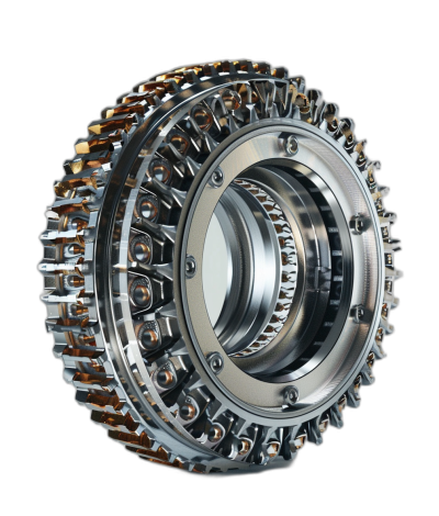 Realistic photo of industrial equipment used in the automotive industry, showing gear teeth and inside of a clutch with chrome parts on a black background. The photo is in the style of mechanical engineering technical drawings.